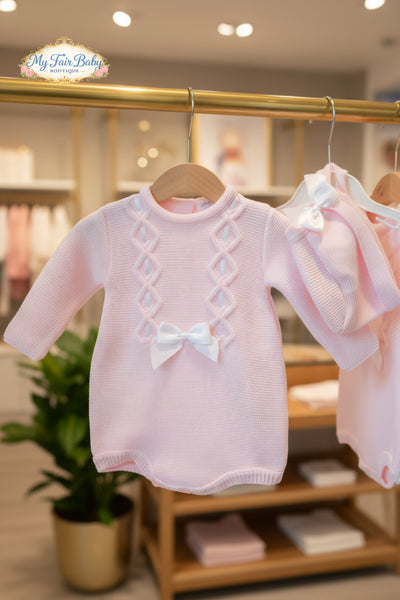 Spanish Baby Girls Pink Knitted Romper & Bonnet 3859~ 3-24m