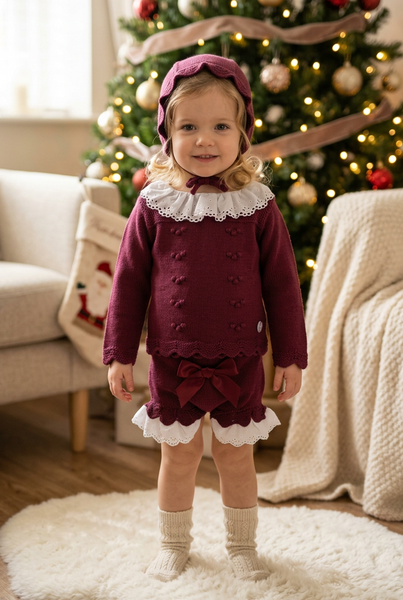 Spanish Baby Girls Burgundy Knitted 3pc Jam Pant Set