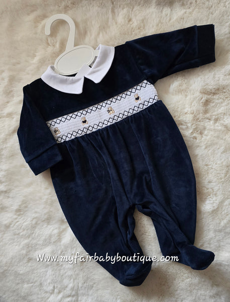 Spanish Baby Boys Navy Smocked Teddy Bear Velour Sleepsuit/Babygrow 2534