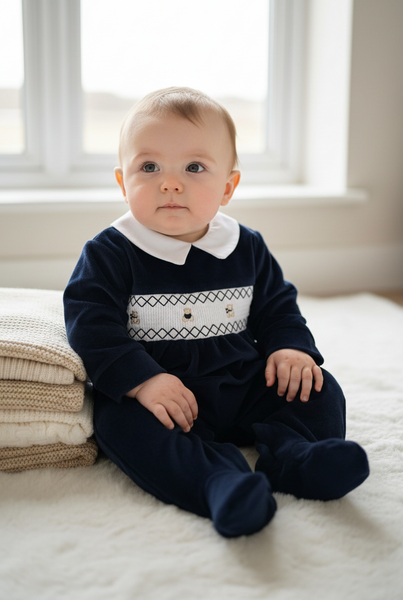 Spanish Baby Boys Navy Smocked Teddy Bear Velour Sleepsuit/Babygrow 2534 ~ 6-9m