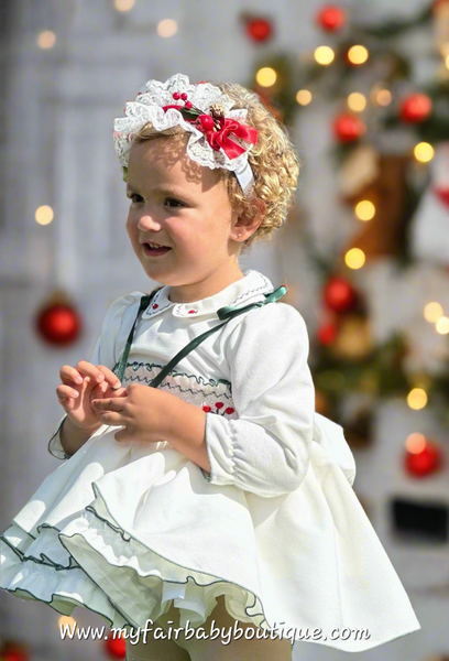Sonata Infantil AW25 Spanish Girls White & Green Velvet Smocked Puffball Dress IN2510 ~ MADE TO ORDER