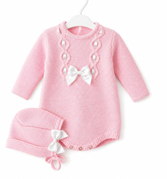 Spanish Baby Girls Pink Knitted Romper & Bonnet 3859~ 3-24m