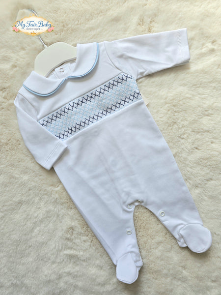 Spanish Baby Boys White Smocked Cotton Sleepsuit/Babygrow