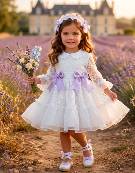 Sonata Spanish Girls White & Lilac Lace Puffball Dress VE2627- MADE TO ORDER