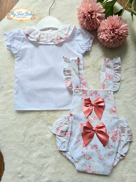 Spanish Baby Girls White & Pink Floral Romper Set M002W ~ 6-36m