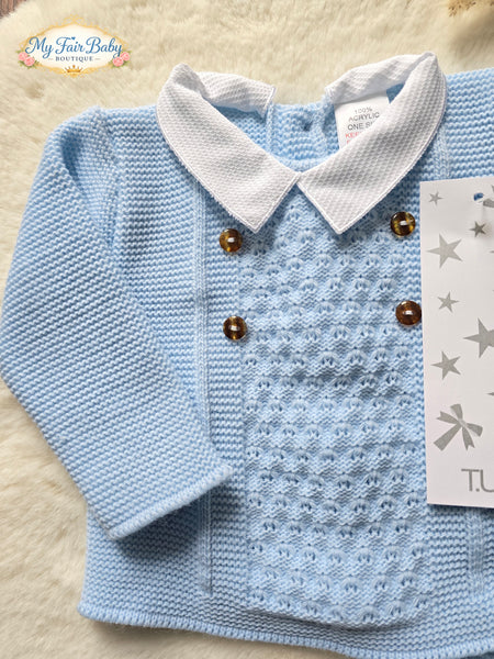 Spanish Baby Boys Blue Knitted 3pc Set ~ 0-3m