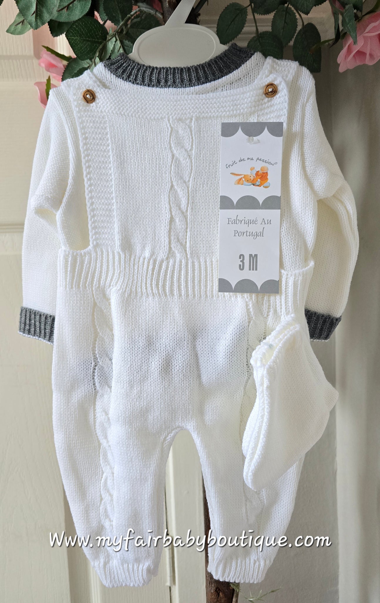 Spanish Baby Boys White & Grey Knitted Romper 4pc Set ~ 1-6m