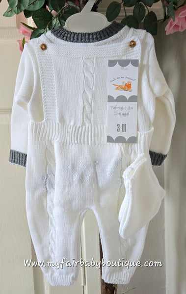 Spanish Baby Boys White & Grey Knitted Romper 4pc Set ~ 1-6m