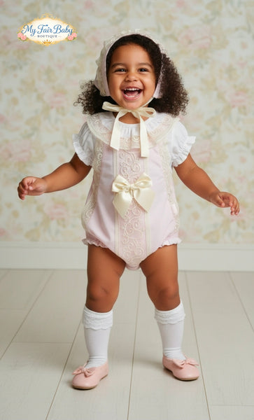 Spanish Baby Girls Pink & Cream Lace Romper Set