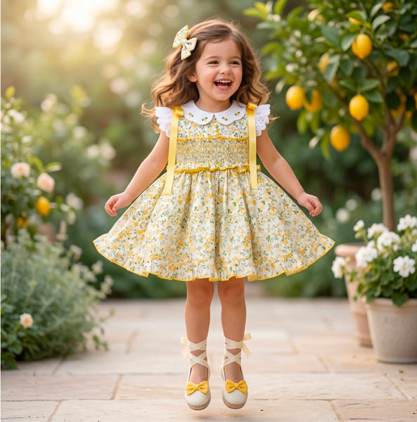 Sonata Infantil SS26 Girls Yellow Floral Smocked Puffball Dress VE2632 ~ MADE TO ORDER