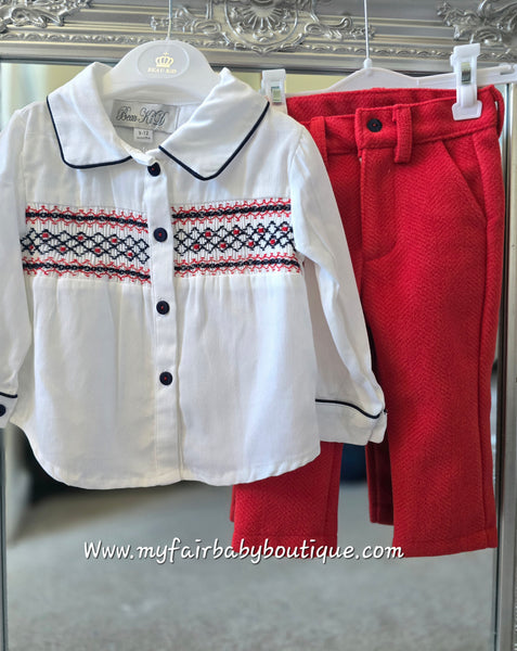 Beau Kid Traditional Boys Red Smocked Shirt & Trouser Set 2500~ 9m-5y