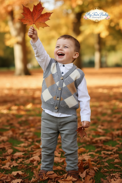 Beau Kid Traditional Boys Grey Argyle Tank Top 3pc Set 2817 ~ 1-7y
