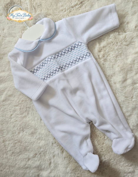 Spanish Baby Boys White & Blue Smocked Velour Sleepsuit/Babygrow