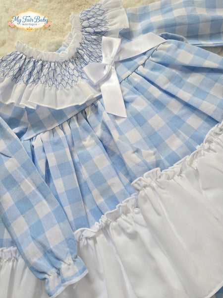 Spanish Baby Girls Blue Checkered Smocked Dress & Pants