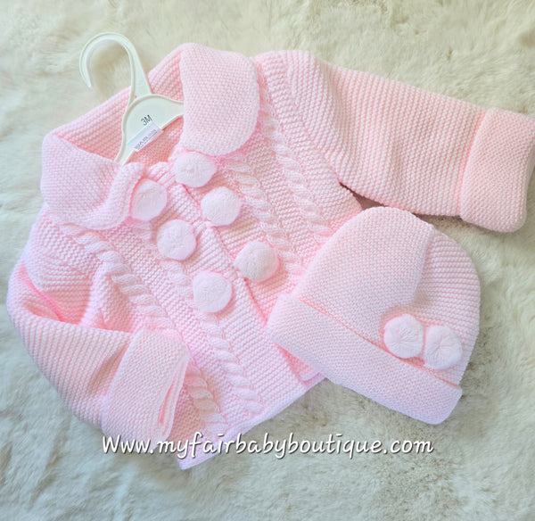 Spanish Baby Girls Pink Knitted Pom Pom Jacket & Hat Set ~ 6-18m