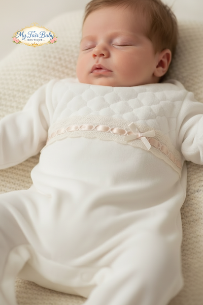 Spanish Baby Girls Cream Velour Sleepsuit/Babygrow ~ NB-6m