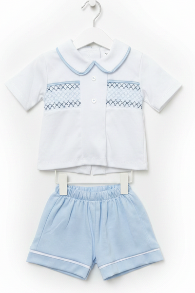 Spanish Baby Boys White & Blue Smocked Cotton Short Set ~ 1-18m