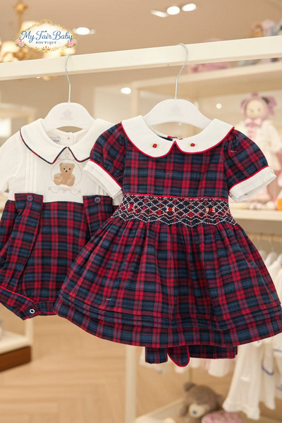 Beau Kid Traditional Girls Wine Smocked Tartan Christmas Dress 1J2402A - 6m-7y