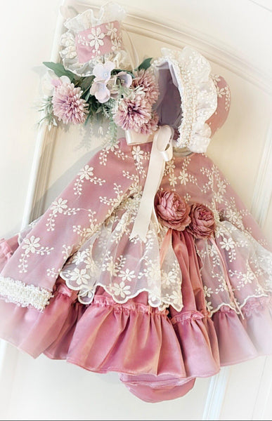 Ela Confeccion AW26 Spanish Girls Dusky Pink Lacey Puffball Dress - MADE TO ORDER