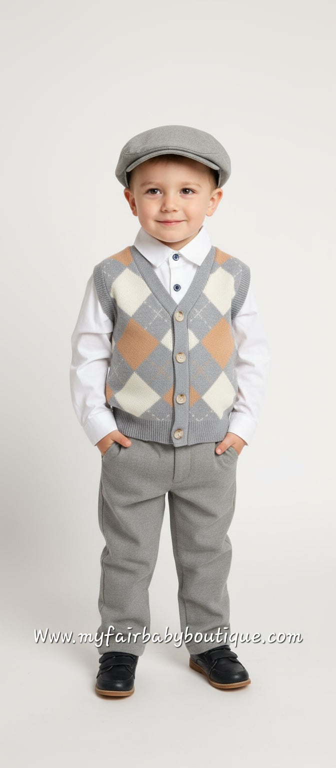 Beau Kid Traditional Boys Grey Argyle Tank Top 4pc Set 2817