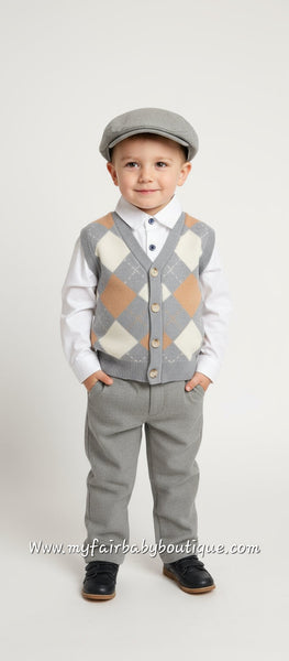 Beau Kid Traditional Boys Grey Argyle Tank Top 4pc Set 2817