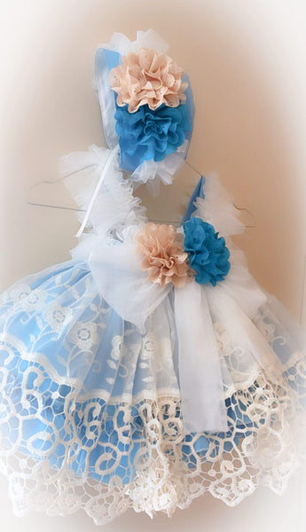 Ela Confeccion SS26 Girls Blue & White Lace Puffball Dress - MADE TO ORDER