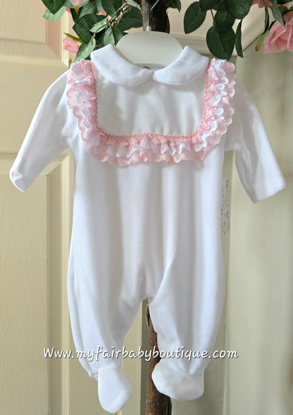 Spanish Baby Girls White & Pink Lace Trim Velour Sleepsuit / Babygrow - NB-3m