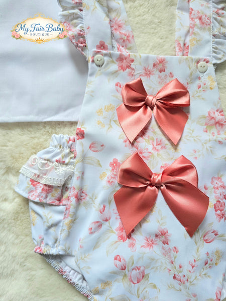 Spanish Baby Girls White & Pink Floral Romper Set M002W ~ 6-36m