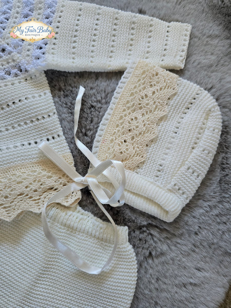 Spanish Creaciones Gavidia Unisex Baby Cream Knitted 3pc Lace Set 6132