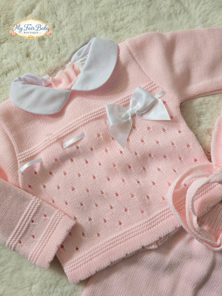 Spanish Baby Girls Pink & White Knitted 3pc Set ~ 0-3m