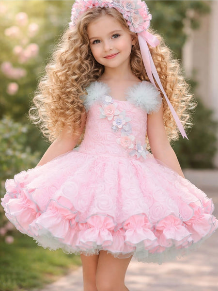 Ela Confeccion SS26 Girls Pink & Green Tulle Madeleine Puffball Dress - MADE TO ORDER