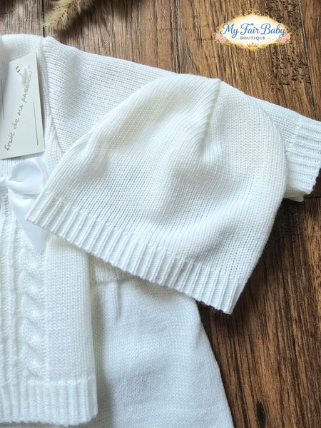 Spanish Unisex Baby Girls/Boys White Knitted 3pc Set ~ 0-3 months