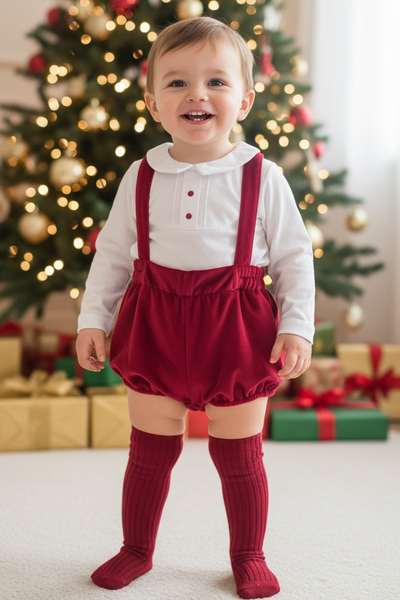 Spanish Baby Boys Red Velvet Dungaree Set