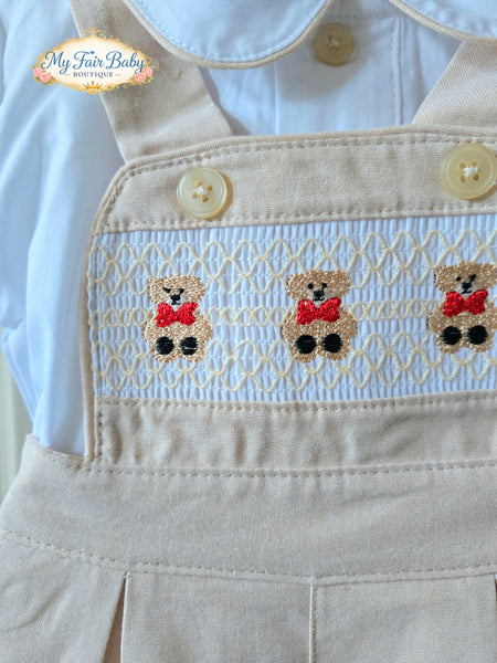 Mabini Traditional Boys Cream Smocked Teddy Dungaree Set 6373 ~ 0-4y