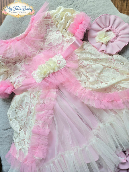 Ela Confeccion SS26 Spanish Girls Pink & Cream Tulle & Lace Puffball Dress ~ IN STOCK NOW