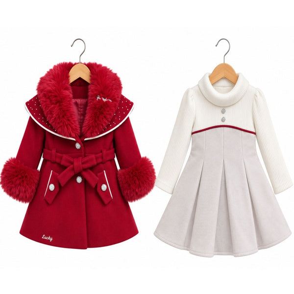 Traditional Girls Red Fur Trimmed Winter Coat & Dress Set ~ 2-11y