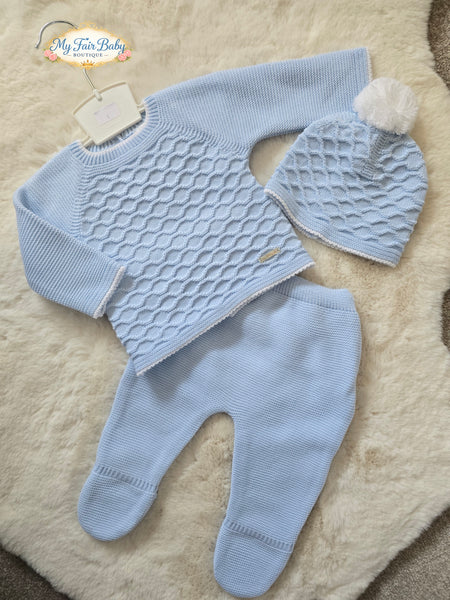 Spanish Baby Boys Blue & White Knitted Lattice 3PC Set C7005 - 1-6m