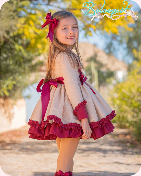 Belcoquet AW26 Older Girls Paloma Burgundy & Camel Puffball Dress