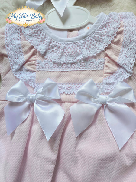 Spanish Baby Girls Pink Waffle Romper & Bonnet Set M002L