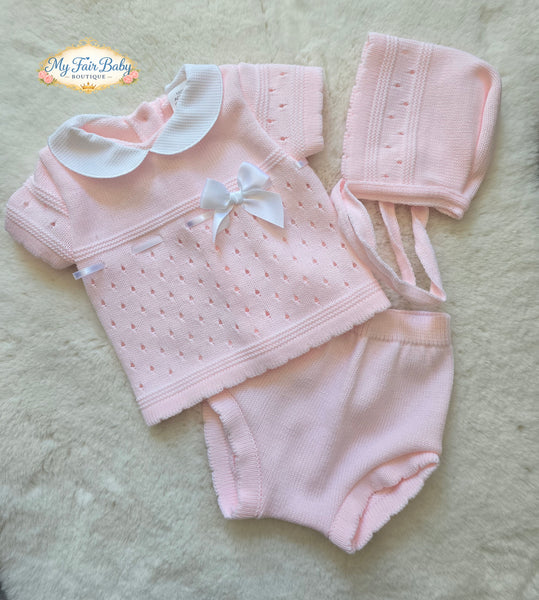 Spanish Baby Girls Pink Knitted Jam Pant 3pc Set ~ 0-3m