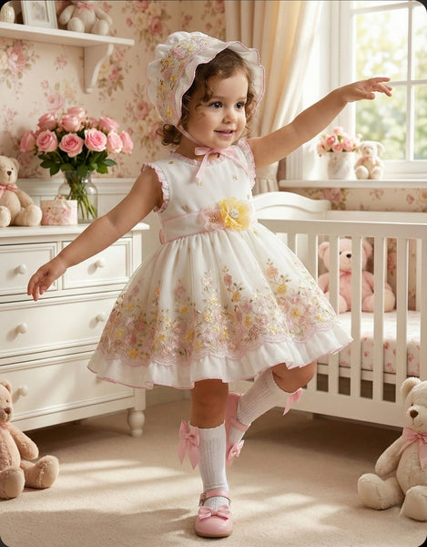 Sonata Infantil SS26 Girls Floral Embroidered Puffball Dress VE2610 ~ MADE TO ORDER