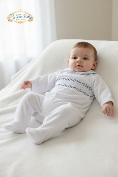 Spanish Baby Boys White & Blue Smocked Velour Sleepsuit/Babygrow