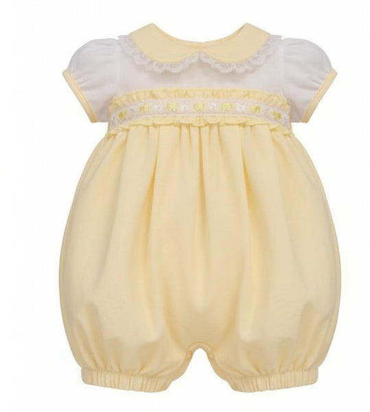 Traditional Baby Girls Lemon Ribbon & Lace Romper - Prem & NB