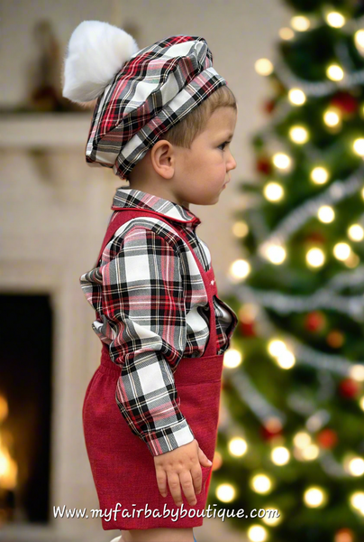 Sonata Infantil AW25 Spanish Baby Boys Red Dungaree & Tartan Shirt Set IN2507 - MADE TO ORDER