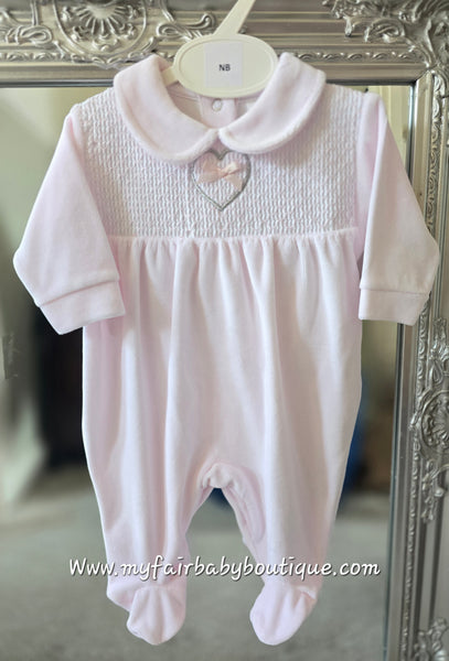 Spanish Baby Girls Soft Pale Pink Smocked Velour Sleepsuit/Babygrow ~ 0-6m