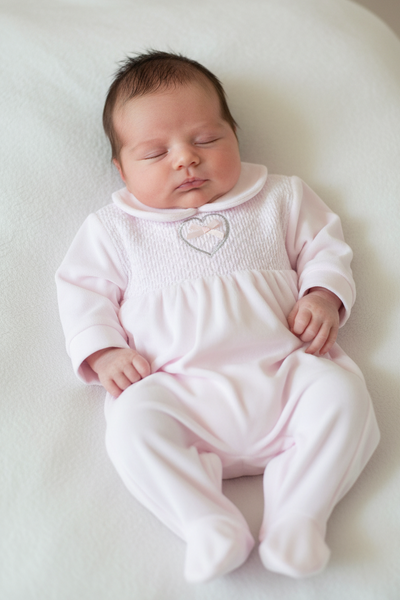 Spanish Baby Girls Soft Pale Pink Smocked Velour Sleepsuit/Babygrow ~ 0-6m