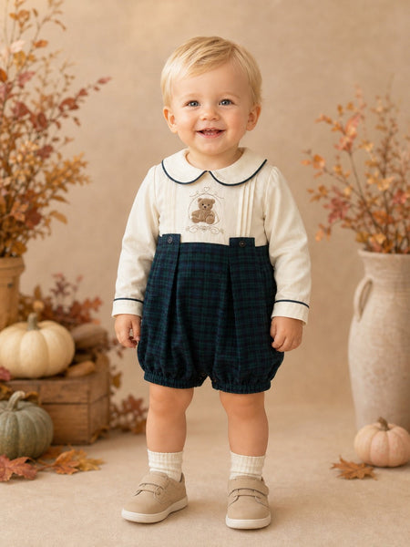 Beau Kid Traditional Baby Boys Green Tartan Teddy Romper 2413a ~ 0-24m