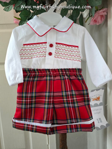 Spanish Baby Boys Red Smocked Christmas Tartan Short Set ~ 3-36m