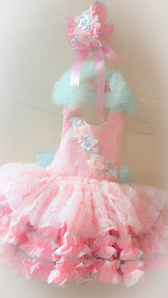Ela Confeccion SS26 Girls Pink & Green Tulle Madeleine Puffball Dress - MADE TO ORDER