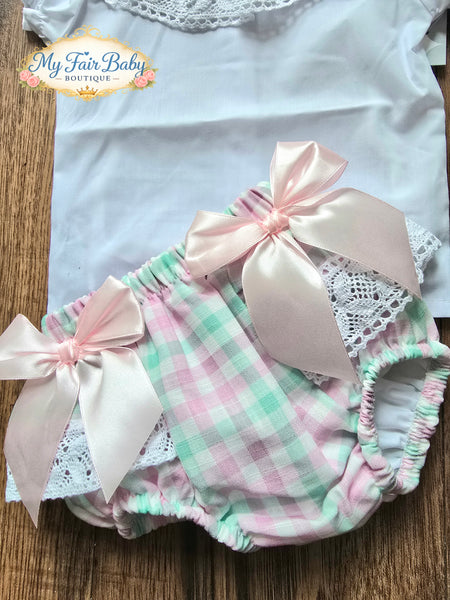 Spanish Baby Girls Pink & Green Check Jam Pants Set ~ 3-36m